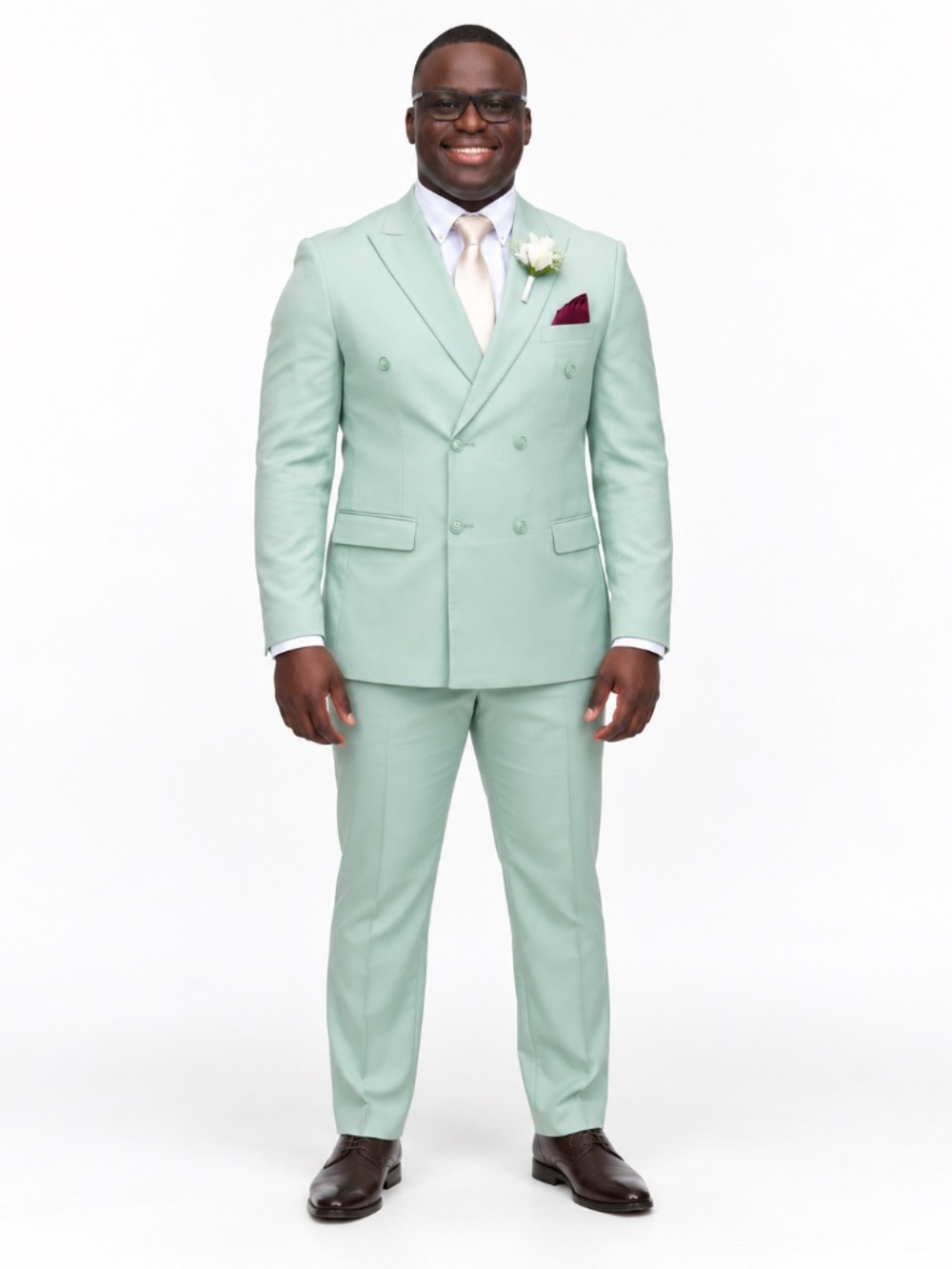Lineage Men's Sage Green Double-Breasted Suit 44L 38L Performance Stretch